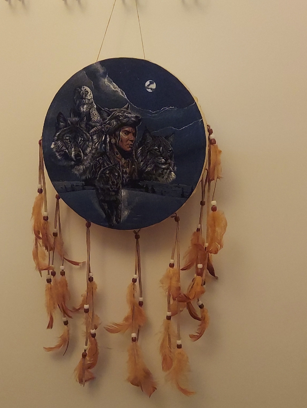 Native Spirit Wolf Dreamcatcher Wall Decor in Navy Blue and Tan